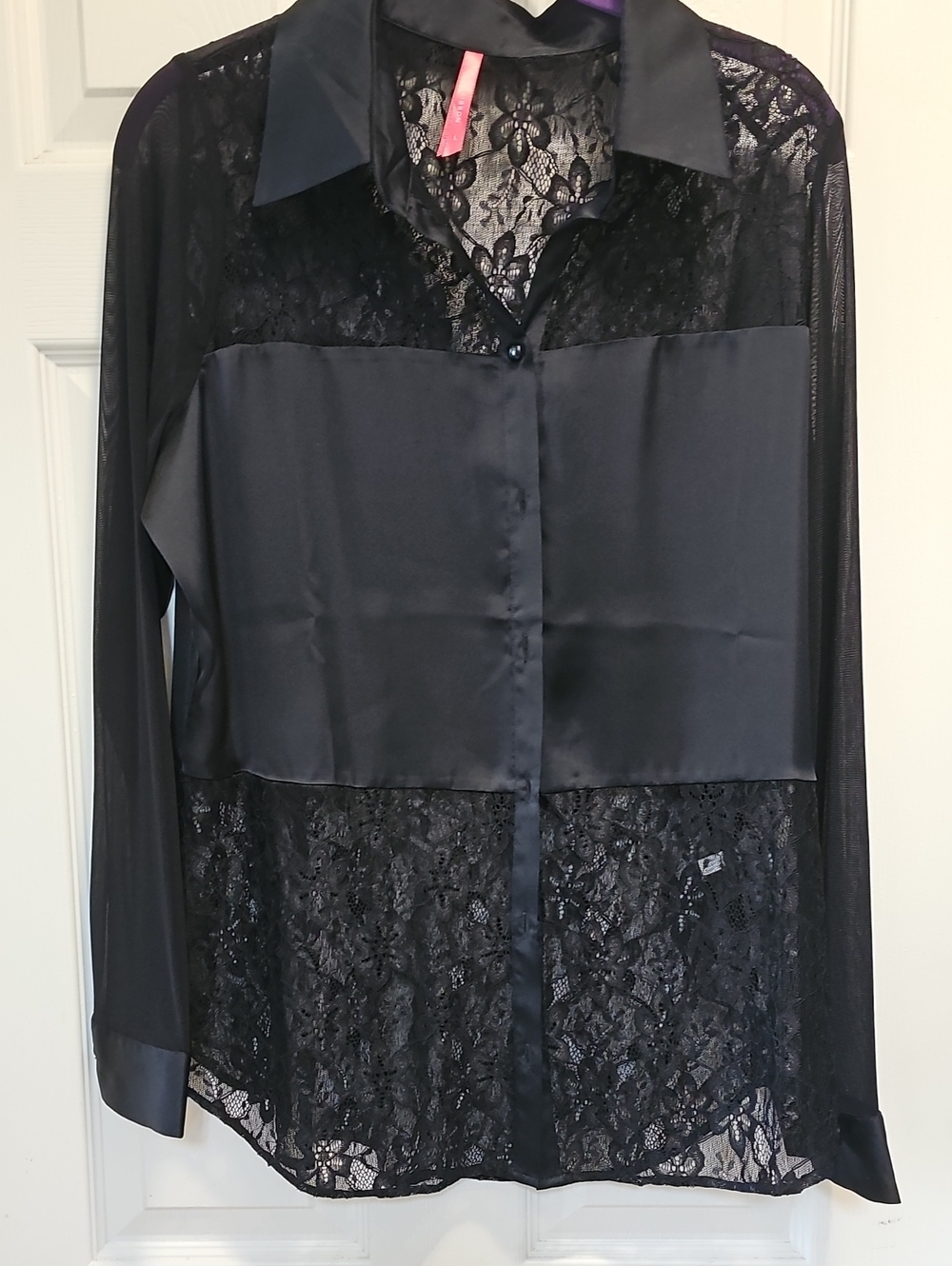 Ruby Ribnon Black Sheer Lace And Satin Long Sleeve Button-Front Blouse